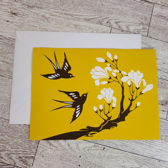 Blank Note Card Birds and Blossoms Stationery Greeting Card Yellow Black Any Occ - Picture 1 of 7